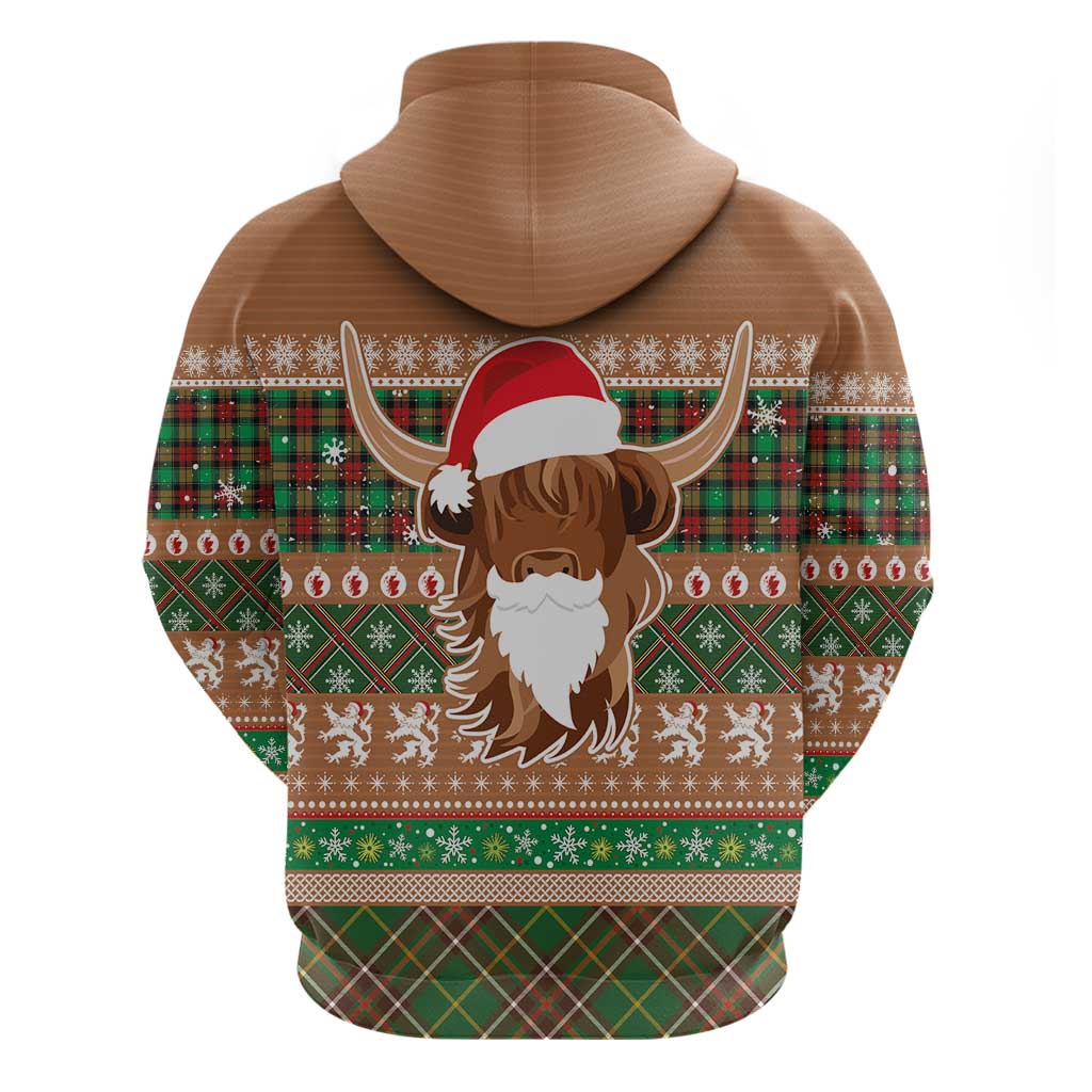 Scottish Christmas Zip Hoodie Highland Cattle-Xmas Tartan Stripes Style Brown Color - Wonder Print Shop