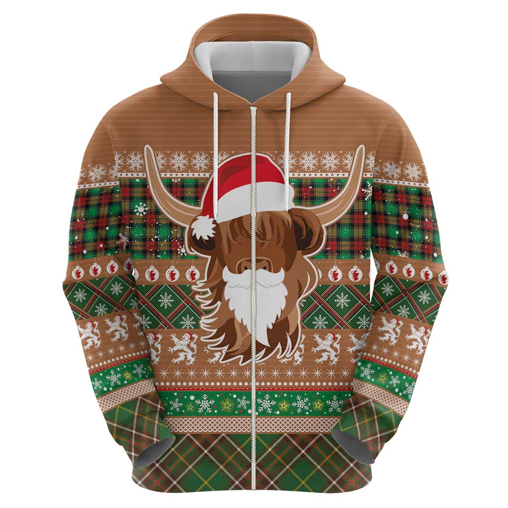 Scottish Christmas Zip Hoodie Highland Cattle-Xmas Tartan Stripes Style Brown Color - Wonder Print Shop
