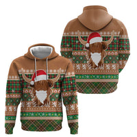 Scottish Christmas Zip Hoodie Highland Cattle-Xmas Tartan Stripes Style Brown Color - Wonder Print Shop