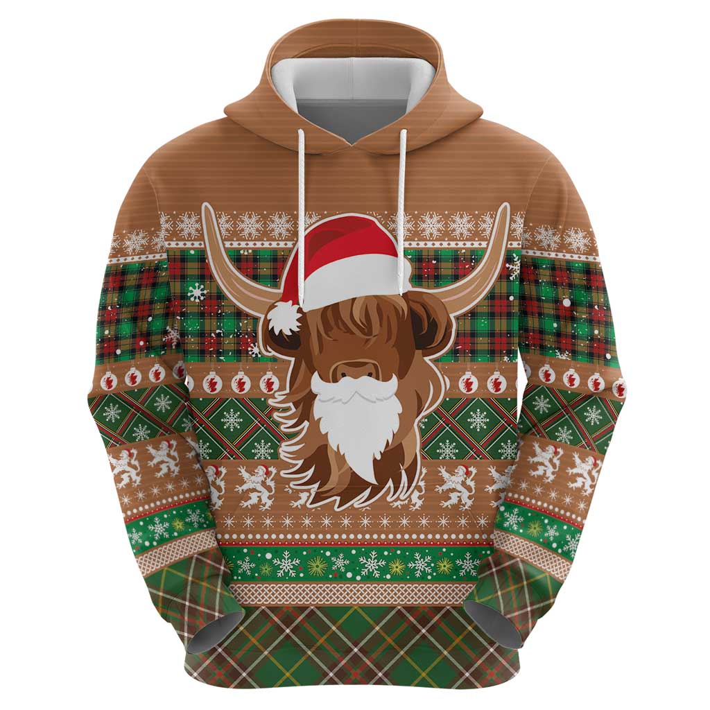 Scottish Christmas Zip Hoodie Highland Cattle-Xmas Tartan Stripes Style Brown Color - Wonder Print Shop