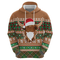 Scottish Christmas Zip Hoodie Highland Cattle-Xmas Tartan Stripes Style Brown Color - Wonder Print Shop