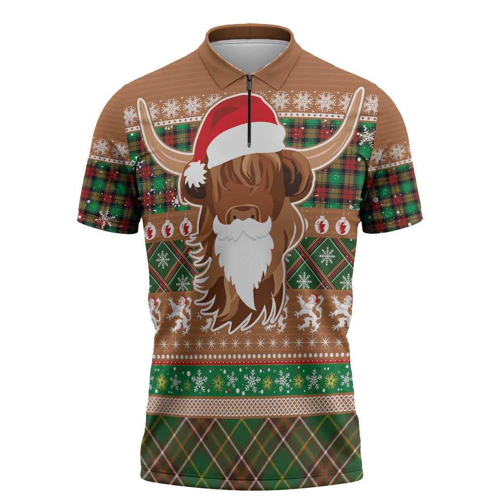 Scottish Christmas Zipper Polo Shirt Highland Cattle-Xmas Tartan Stripes Style Brown Color - Wonder Print Shop