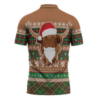 Scottish Christmas Zipper Polo Shirt Highland Cattle-Xmas Tartan Stripes Style Brown Color - Wonder Print Shop