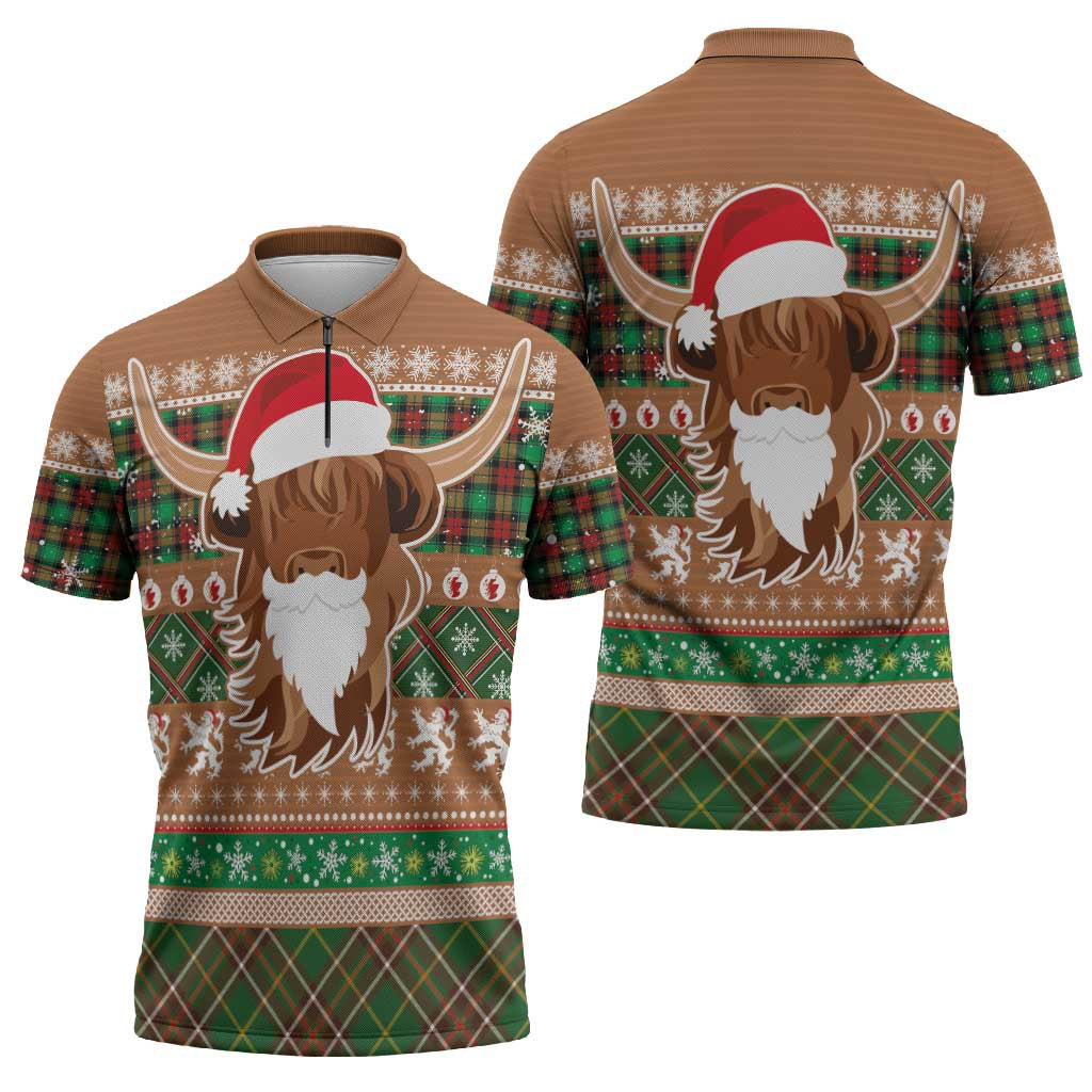 Scottish Christmas Zipper Polo Shirt Highland Cattle-Xmas Tartan Stripes Style Brown Color - Wonder Print Shop