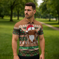 Scottish Christmas Zipper Polo Shirt Highland Cattle-Xmas Tartan Stripes Style Brown Color - Wonder Print Shop