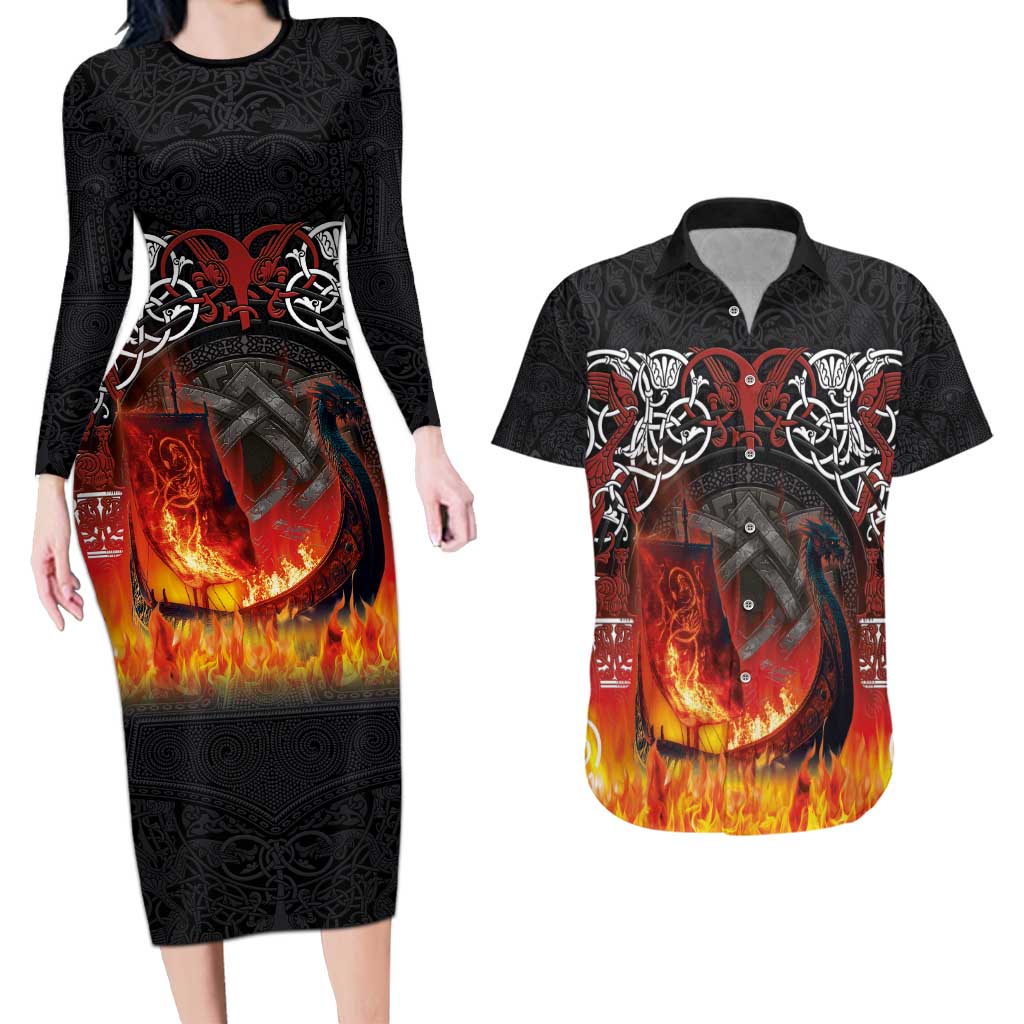 Scotland Up Helly Aa Couples Matching Long Sleeve Bodycon Dress and Hawaiian Shirt Drakkar Viking Longship Burning The Return of The Light - Wonder Print Shop
