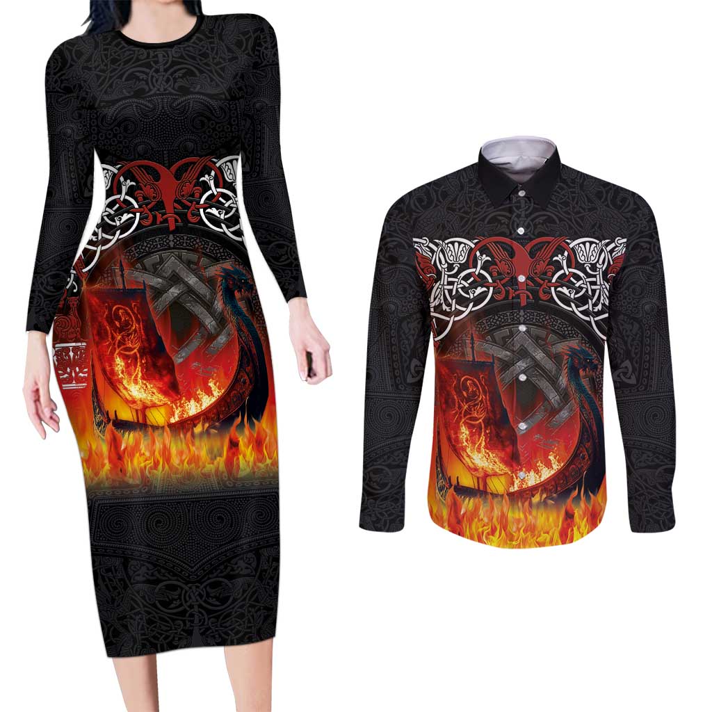Scotland Up Helly Aa Couples Matching Long Sleeve Bodycon Dress and Long Sleeve Button Shirt Drakkar Viking Longship Burning The Return of The Light - Wonder Print Shop