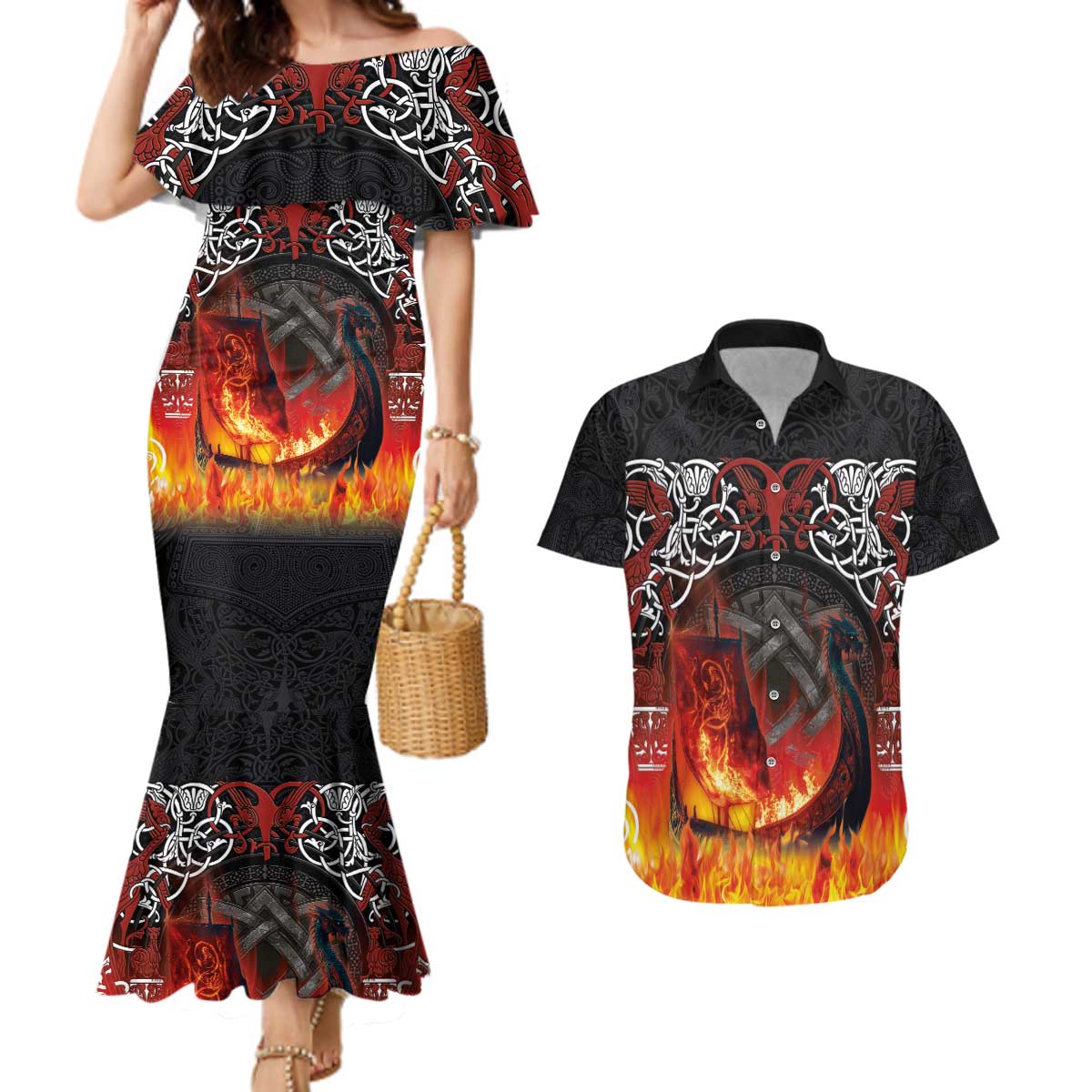 Scotland Up Helly Aa Couples Matching Mermaid Dress and Hawaiian Shirt Drakkar Viking Longship Burning The Return of The Light - Wonder Print Shop
