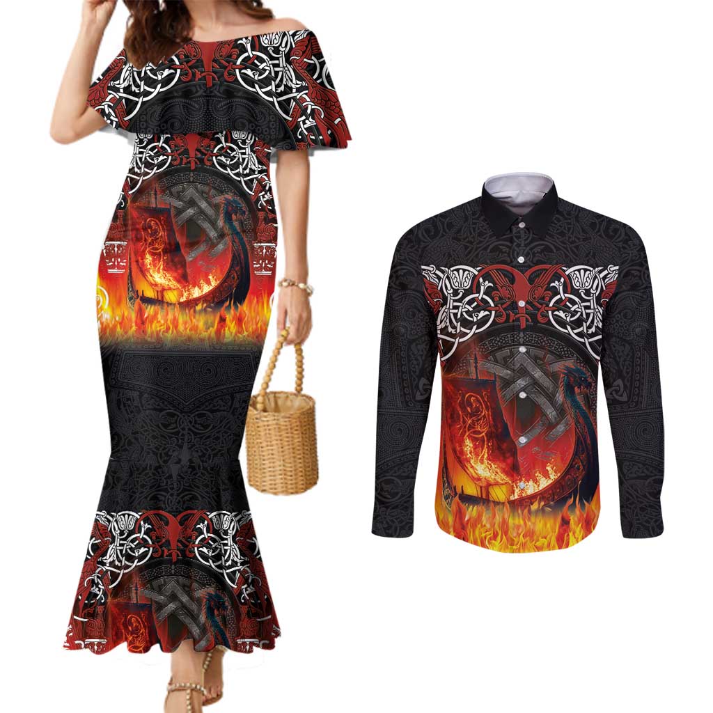 Scotland Up Helly Aa Couples Matching Mermaid Dress and Long Sleeve Button Shirt Drakkar Viking Longship Burning The Return of The Light