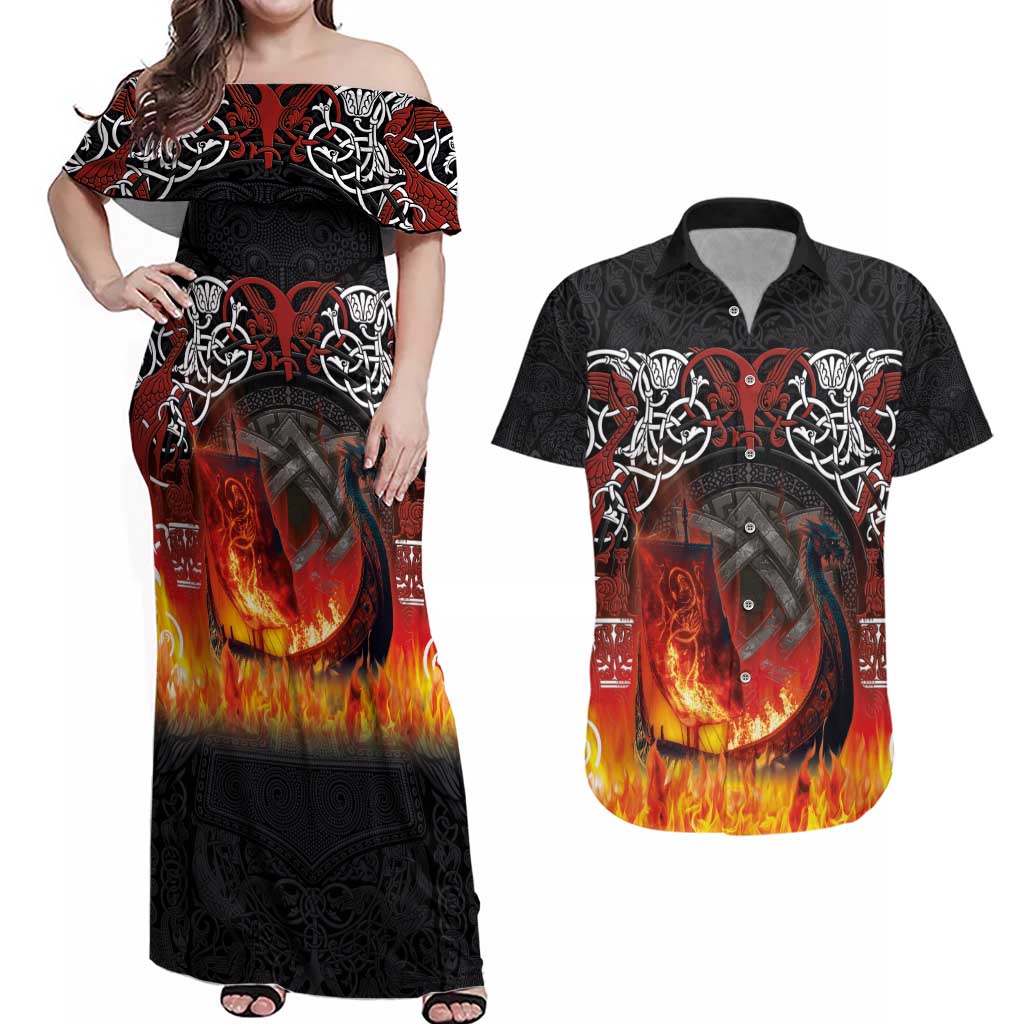 Scotland Up Helly Aa Couples Matching Off Shoulder Maxi Dress and Hawaiian Shirt Drakkar Viking Longship Burning The Return of The Light - Wonder Print Shop