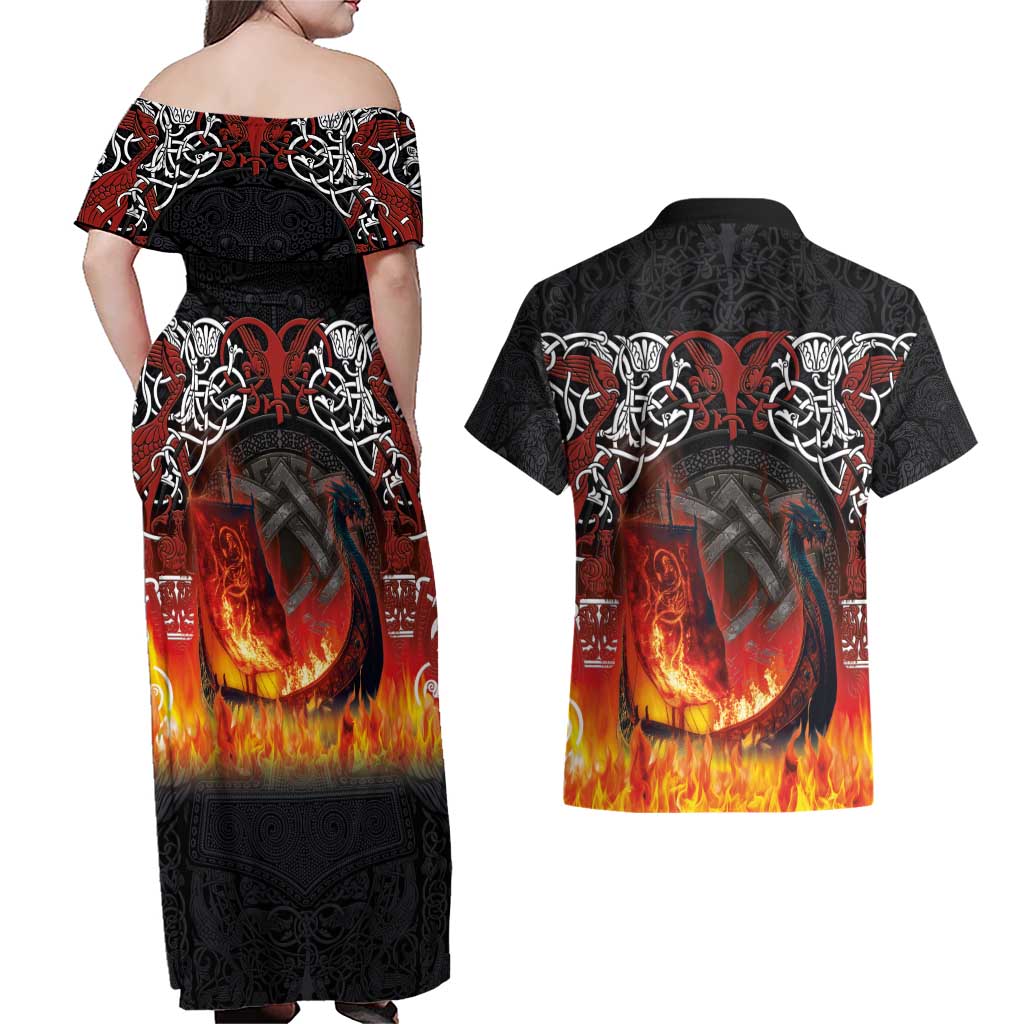 Scotland Up Helly Aa Couples Matching Off Shoulder Maxi Dress and Hawaiian Shirt Drakkar Viking Longship Burning The Return of The Light - Wonder Print Shop