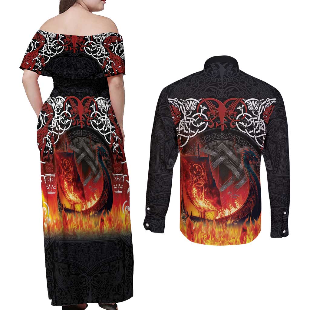 Scotland Up Helly Aa Couples Matching Off Shoulder Maxi Dress and Long Sleeve Button Shirt Drakkar Viking Longship Burning The Return of The Light - Wonder Print Shop