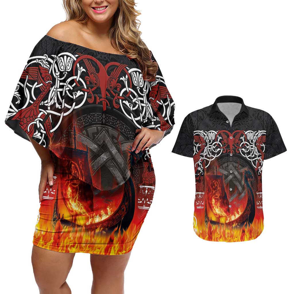 Scotland Up Helly Aa Couples Matching Off Shoulder Short Dress and Hawaiian Shirt Drakkar Viking Longship Burning The Return of The Light - Wonder Print Shop