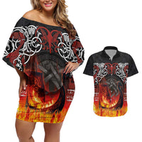Scotland Up Helly Aa Couples Matching Off Shoulder Short Dress and Hawaiian Shirt Drakkar Viking Longship Burning The Return of The Light - Wonder Print Shop