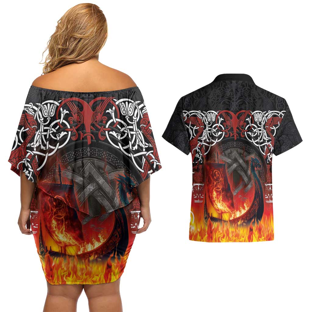Scotland Up Helly Aa Couples Matching Off Shoulder Short Dress and Hawaiian Shirt Drakkar Viking Longship Burning The Return of The Light - Wonder Print Shop