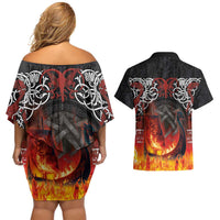 Scotland Up Helly Aa Couples Matching Off Shoulder Short Dress and Hawaiian Shirt Drakkar Viking Longship Burning The Return of The Light - Wonder Print Shop
