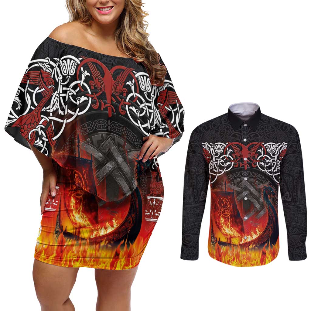 Scotland Up Helly Aa Couples Matching Off Shoulder Short Dress and Long Sleeve Button Shirt Drakkar Viking Longship Burning The Return of The Light - Wonder Print Shop