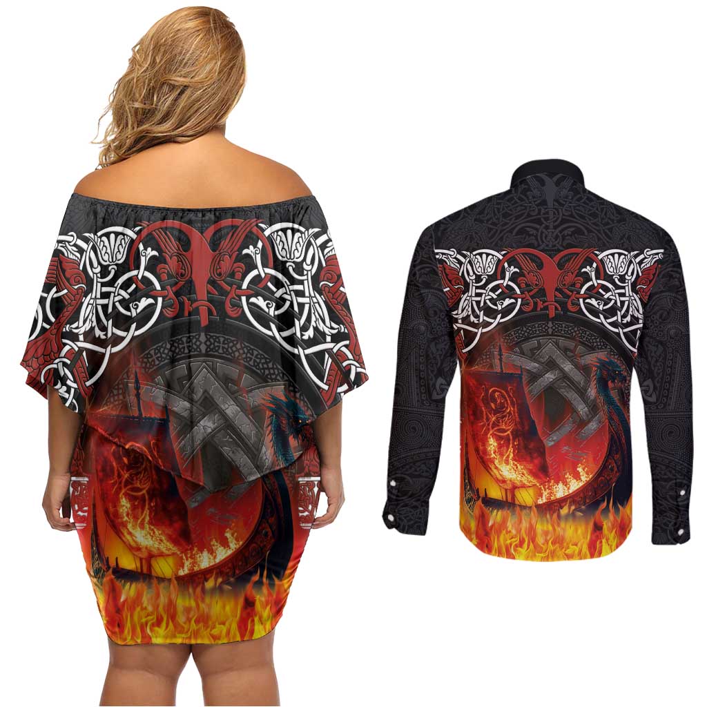 Scotland Up Helly Aa Couples Matching Off Shoulder Short Dress and Long Sleeve Button Shirt Drakkar Viking Longship Burning The Return of The Light - Wonder Print Shop