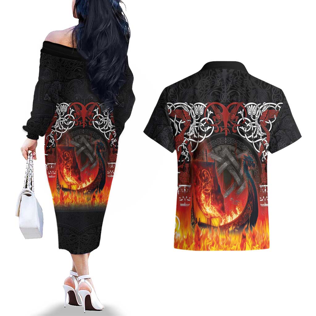 Scotland Up Helly Aa Couples Matching Off The Shoulder Long Sleeve Dress and Hawaiian Shirt Drakkar Viking Longship Burning The Return of The Light - Wonder Print Shop