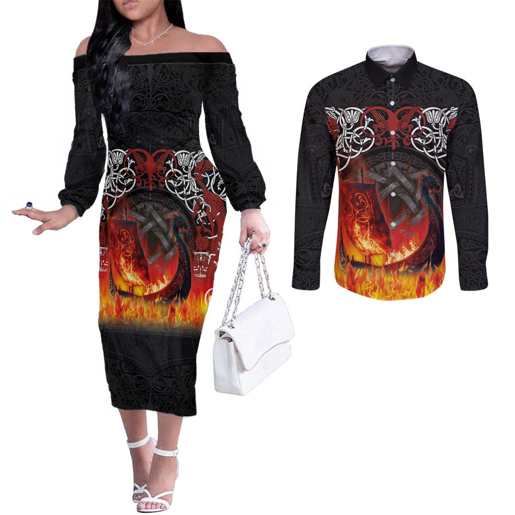 Scotland Up Helly Aa Couples Matching Off The Shoulder Long Sleeve Dress and Long Sleeve Button Shirt Drakkar Viking Longship Burning The Return of The Light