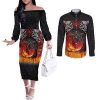 Scotland Up Helly Aa Couples Matching Off The Shoulder Long Sleeve Dress and Long Sleeve Button Shirt Drakkar Viking Longship Burning The Return of The Light
