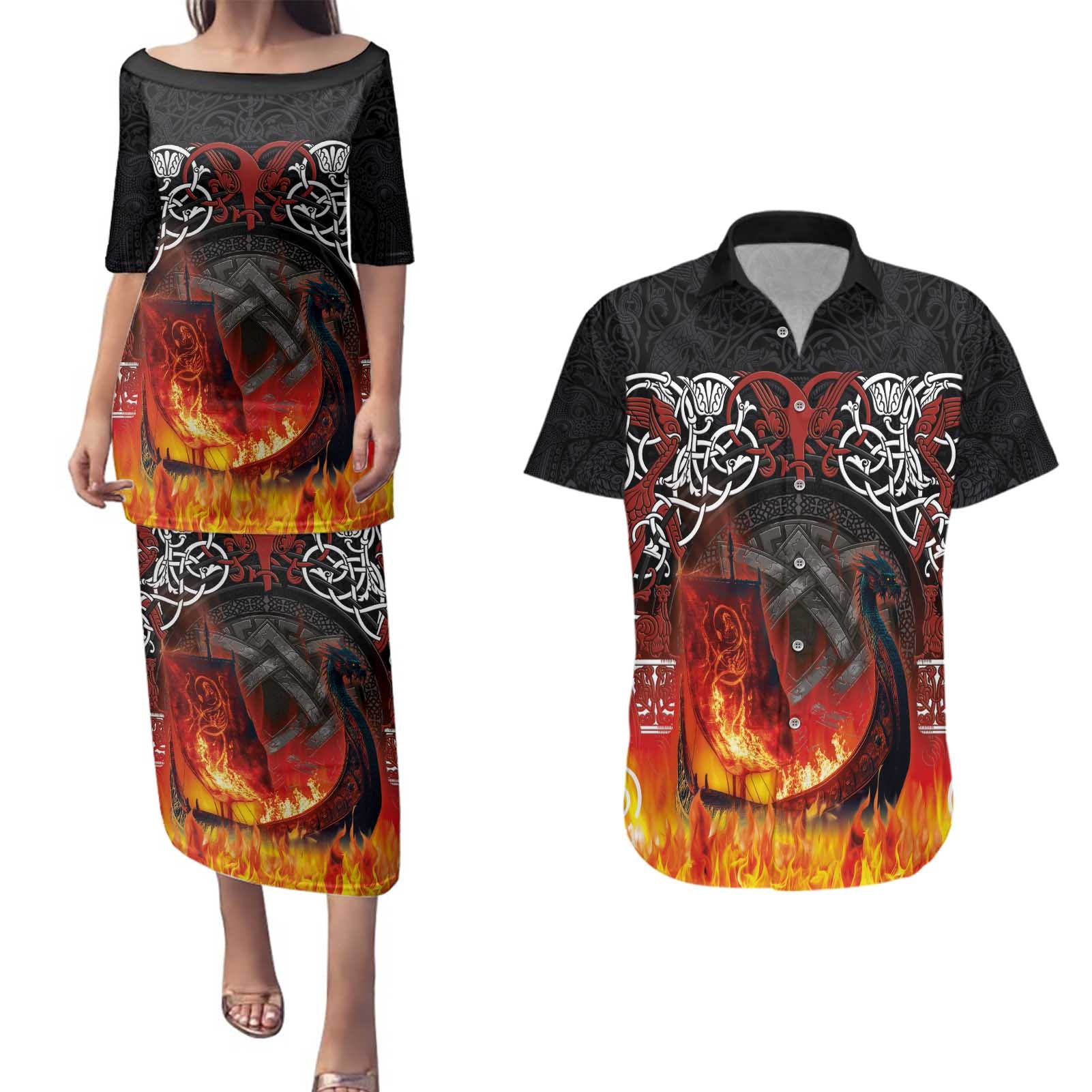 Scotland Up Helly Aa Couples Matching Puletasi and Hawaiian Shirt Drakkar Viking Longship Burning The Return of The Light - Wonder Print Shop
