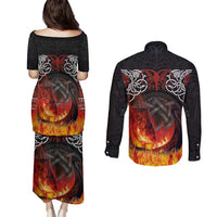 Scotland Up Helly Aa Couples Matching Puletasi and Long Sleeve Button Shirt Drakkar Viking Longship Burning The Return of The Light - Wonder Print Shop