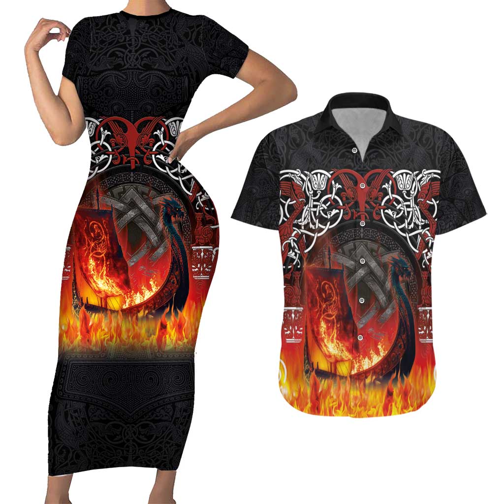 Scotland Up Helly Aa Couples Matching Short Sleeve Bodycon Dress and Hawaiian Shirt Drakkar Viking Longship Burning The Return of The Light - Wonder Print Shop