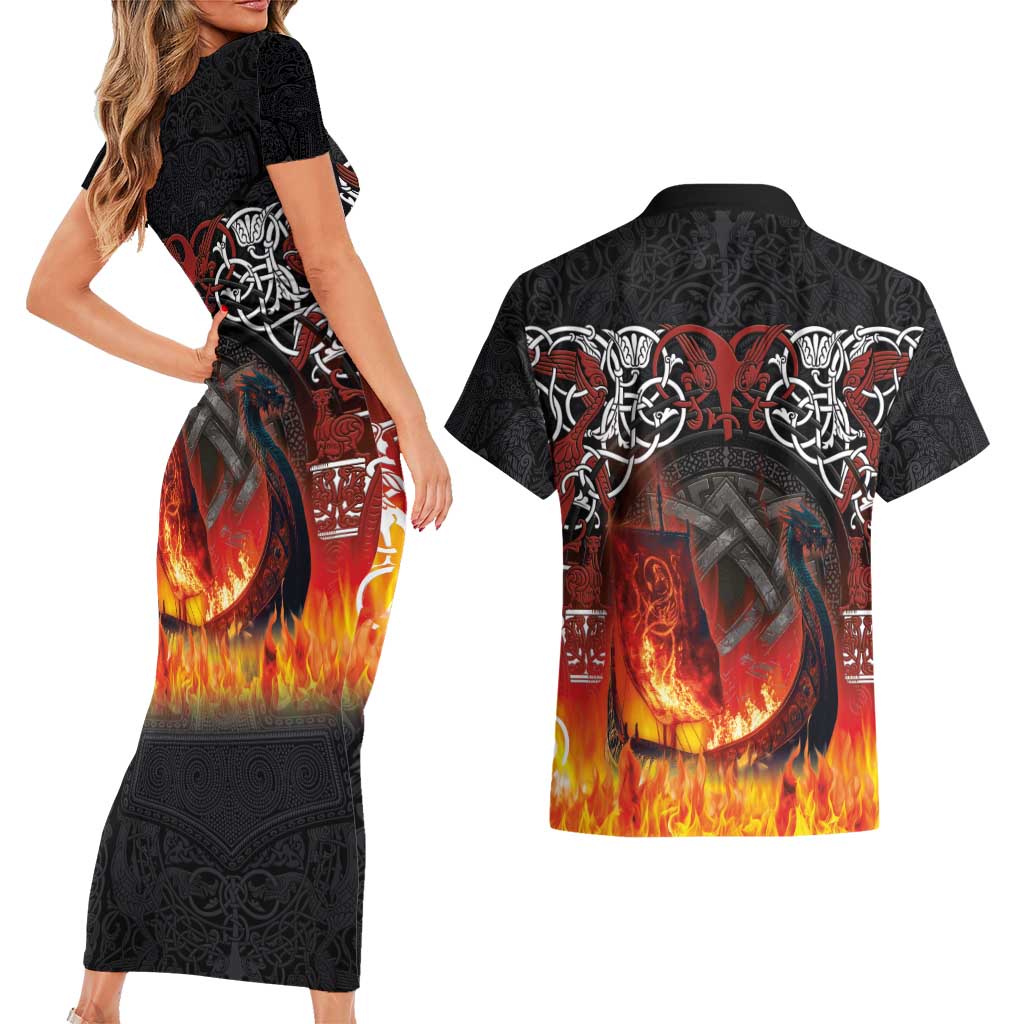 Scotland Up Helly Aa Couples Matching Short Sleeve Bodycon Dress and Hawaiian Shirt Drakkar Viking Longship Burning The Return of The Light - Wonder Print Shop
