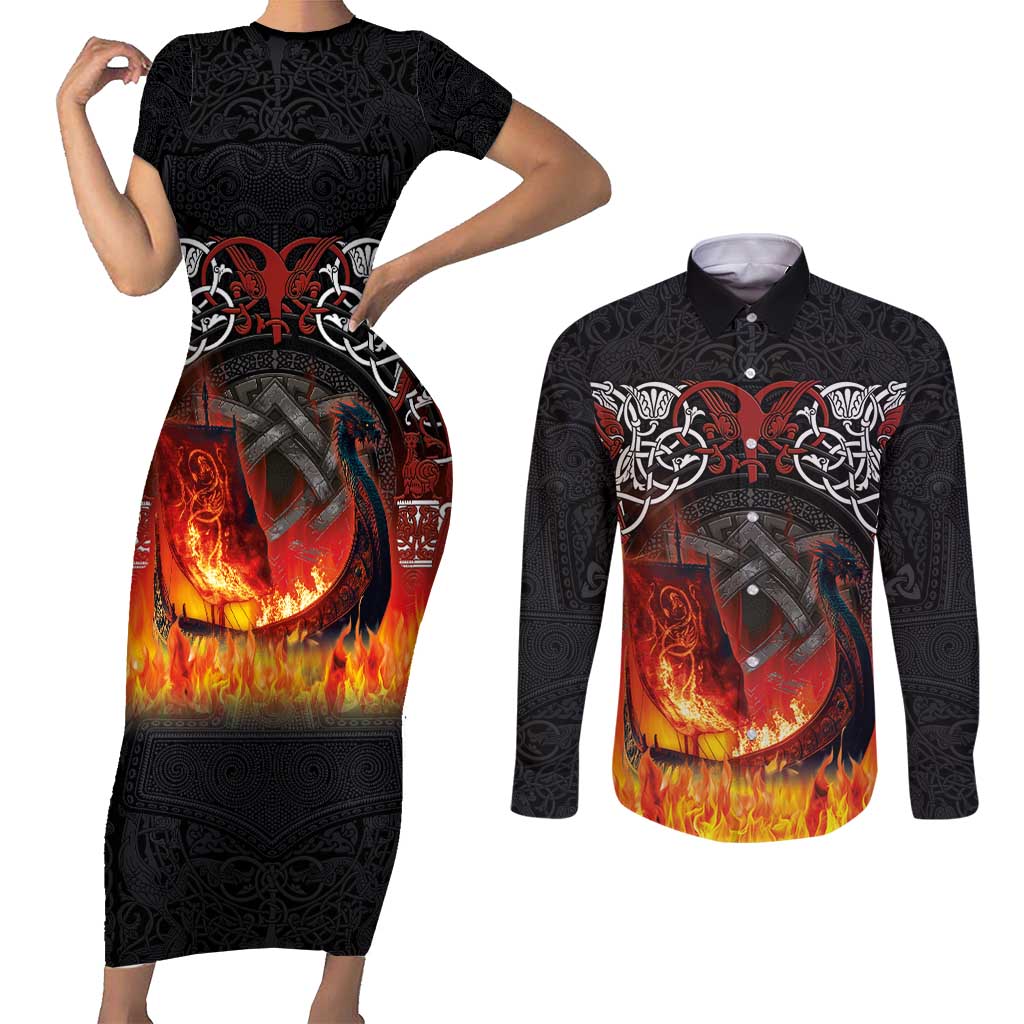 Scotland Up Helly Aa Couples Matching Short Sleeve Bodycon Dress and Long Sleeve Button Shirt Drakkar Viking Longship Burning The Return of The Light - Wonder Print Shop