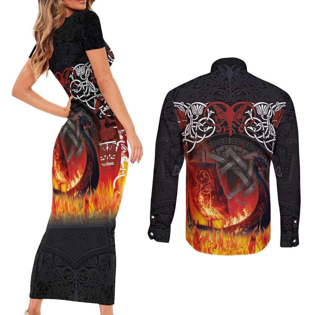Scotland Up Helly Aa Couples Matching Short Sleeve Bodycon Dress and Long Sleeve Button Shirt Drakkar Viking Longship Burning The Return of The Light - Wonder Print Shop