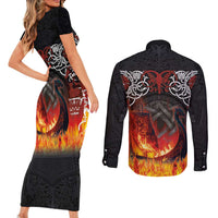 Scotland Up Helly Aa Couples Matching Short Sleeve Bodycon Dress and Long Sleeve Button Shirt Drakkar Viking Longship Burning The Return of The Light - Wonder Print Shop