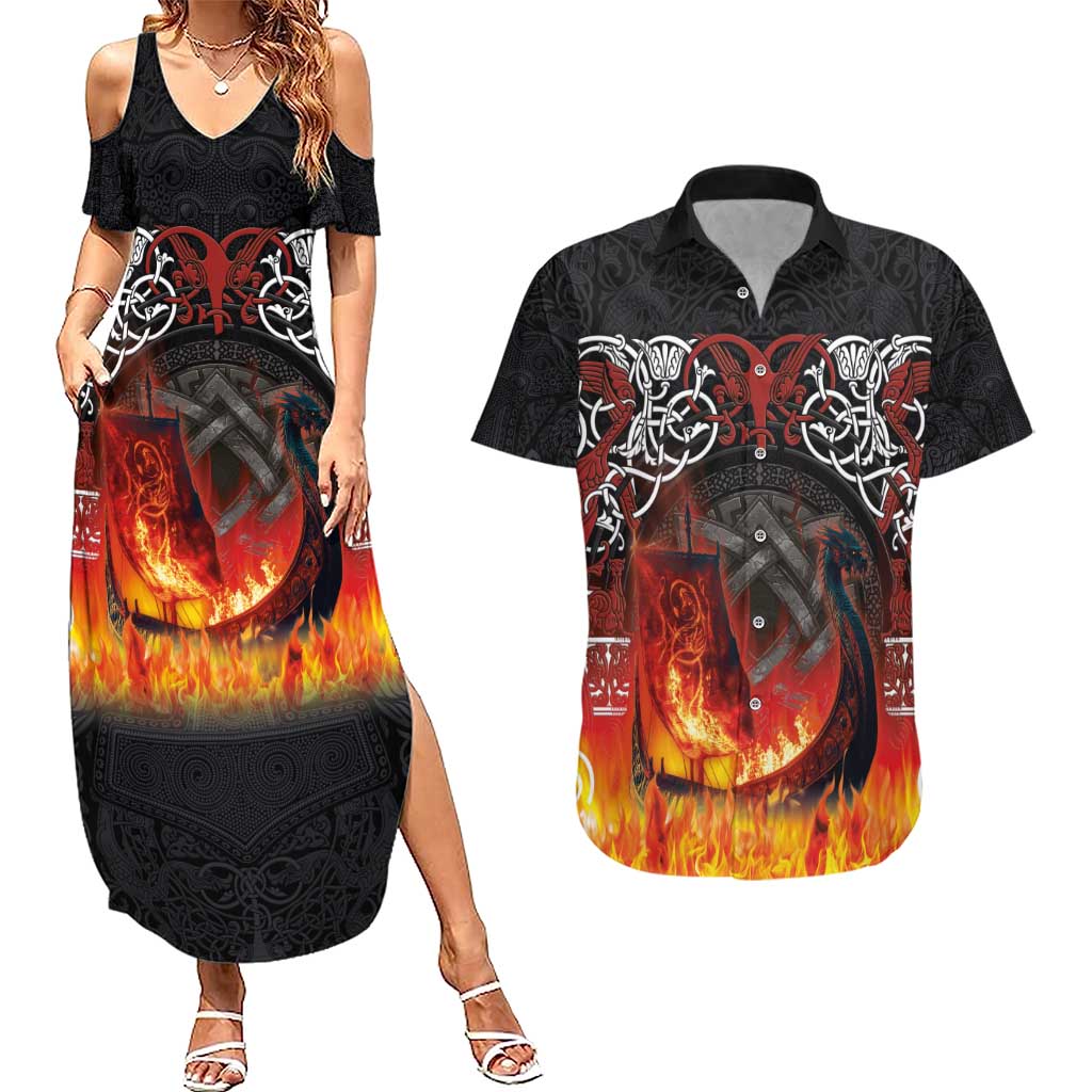 Scotland Up Helly Aa Couples Matching Summer Maxi Dress and Hawaiian Shirt Drakkar Viking Longship Burning The Return of The Light - Wonder Print Shop