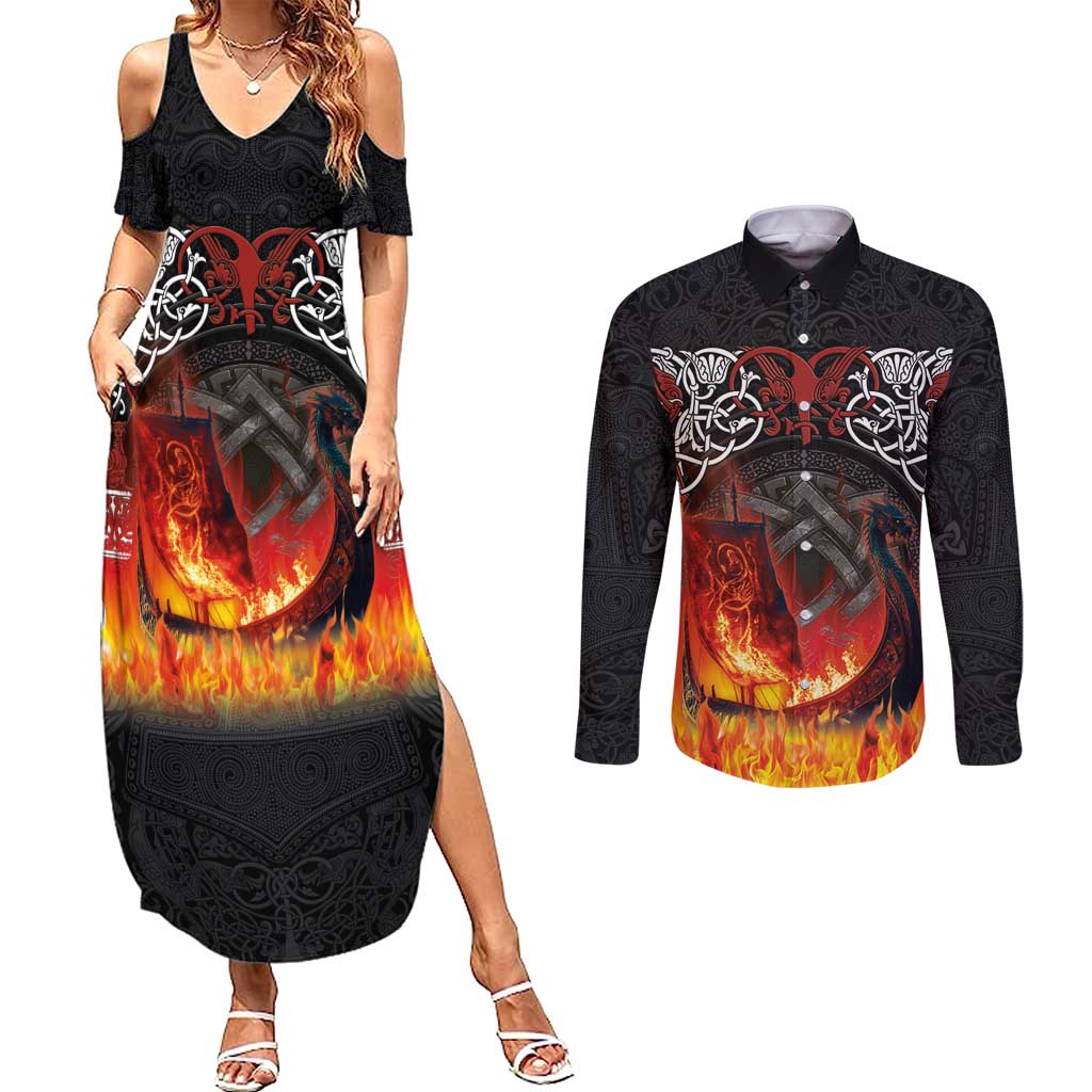 Scotland Up Helly Aa Couples Matching Summer Maxi Dress and Long Sleeve Button Shirt Drakkar Viking Longship Burning The Return of The Light - Wonder Print Shop