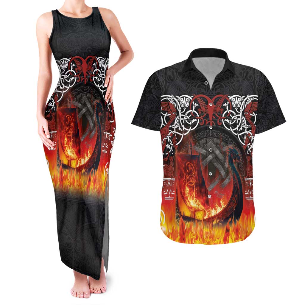Scotland Up Helly Aa Couples Matching Tank Maxi Dress and Hawaiian Shirt Drakkar Viking Longship Burning The Return of The Light - Wonder Print Shop