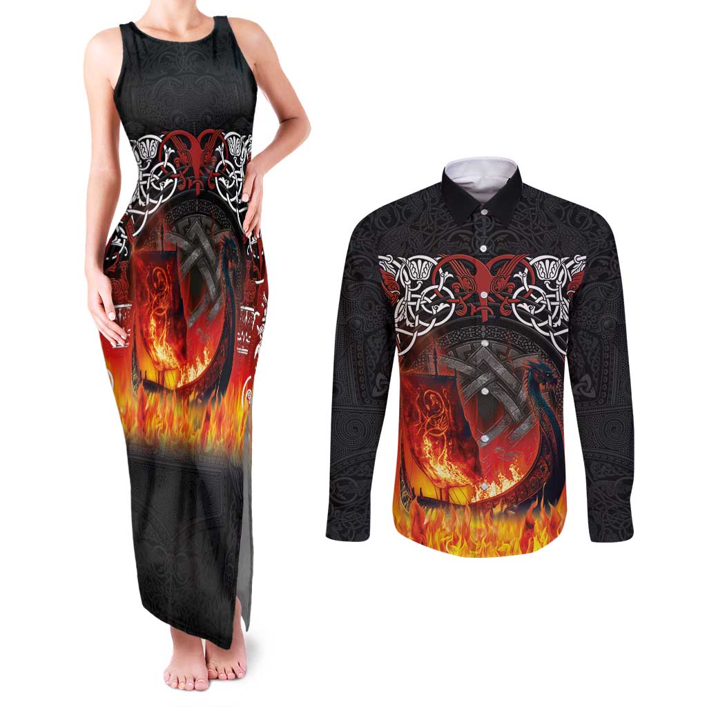 Scotland Up Helly Aa Couples Matching Tank Maxi Dress and Long Sleeve Button Shirt Drakkar Viking Longship Burning The Return of The Light - Wonder Print Shop