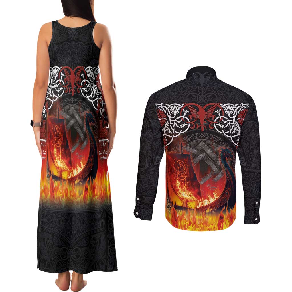 Scotland Up Helly Aa Couples Matching Tank Maxi Dress and Long Sleeve Button Shirt Drakkar Viking Longship Burning The Return of The Light - Wonder Print Shop