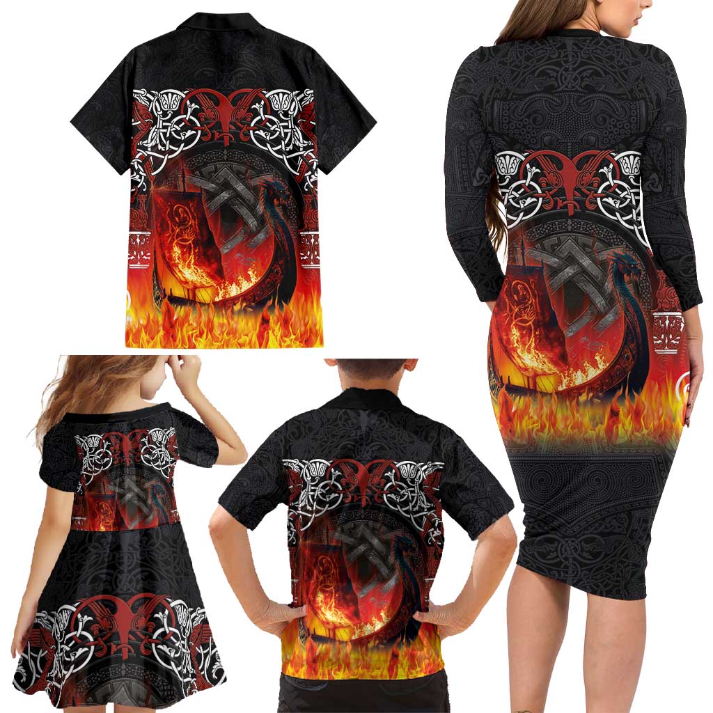 Scotland Up Helly Aa Family Matching Long Sleeve Bodycon Dress and Hawaiian Shirt Drakkar Viking Longship Burning The Return of The Light - Wonder Print Shop