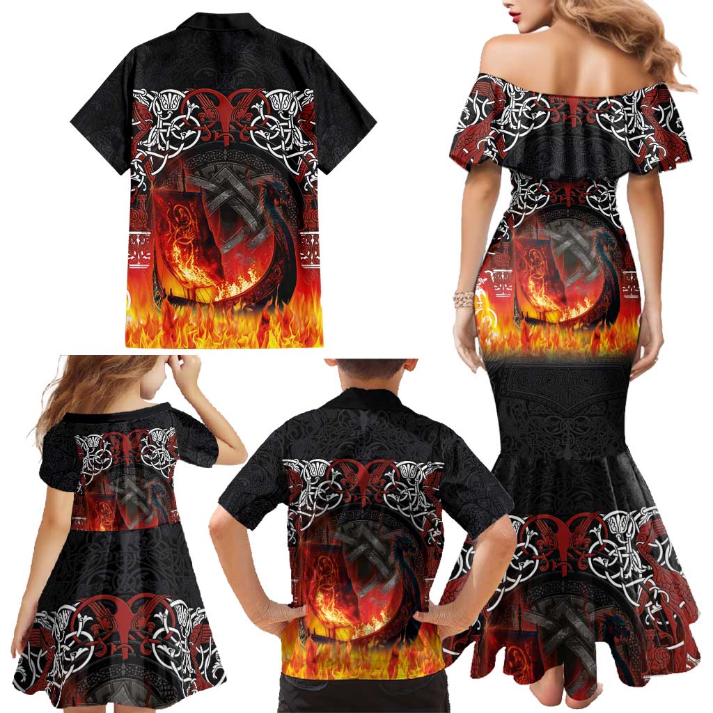 Scotland Up Helly Aa Family Matching Mermaid Dress and Hawaiian Shirt Drakkar Viking Longship Burning The Return of The Light - Wonder Print Shop