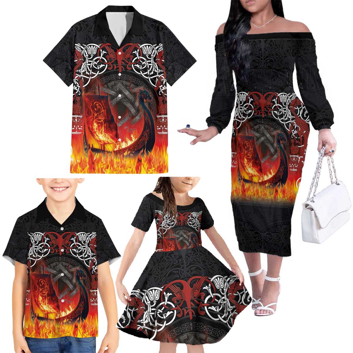 Scotland Up Helly Aa Family Matching Off The Shoulder Long Sleeve Dress and Hawaiian Shirt Drakkar Viking Longship Burning The Return of The Light - Wonder Print Shop