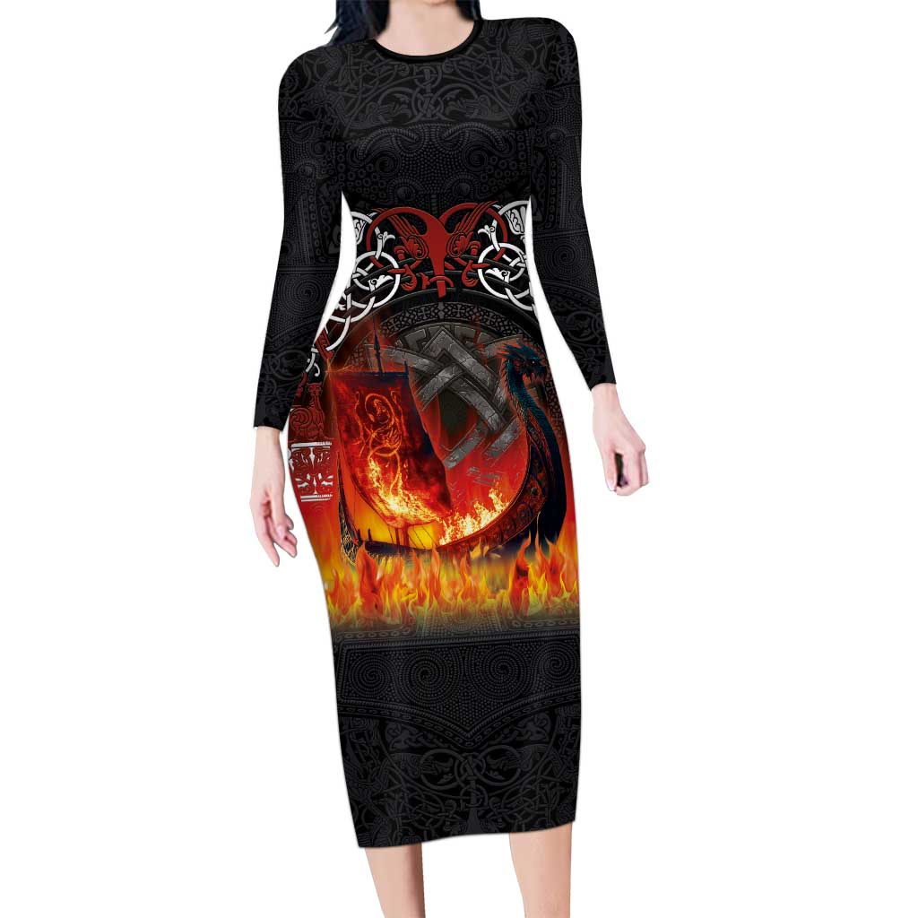 Scotland Up Helly Aa Long Sleeve Bodycon Dress Drakkar Viking Longship Burning The Return of The Light - Wonder Print Shop