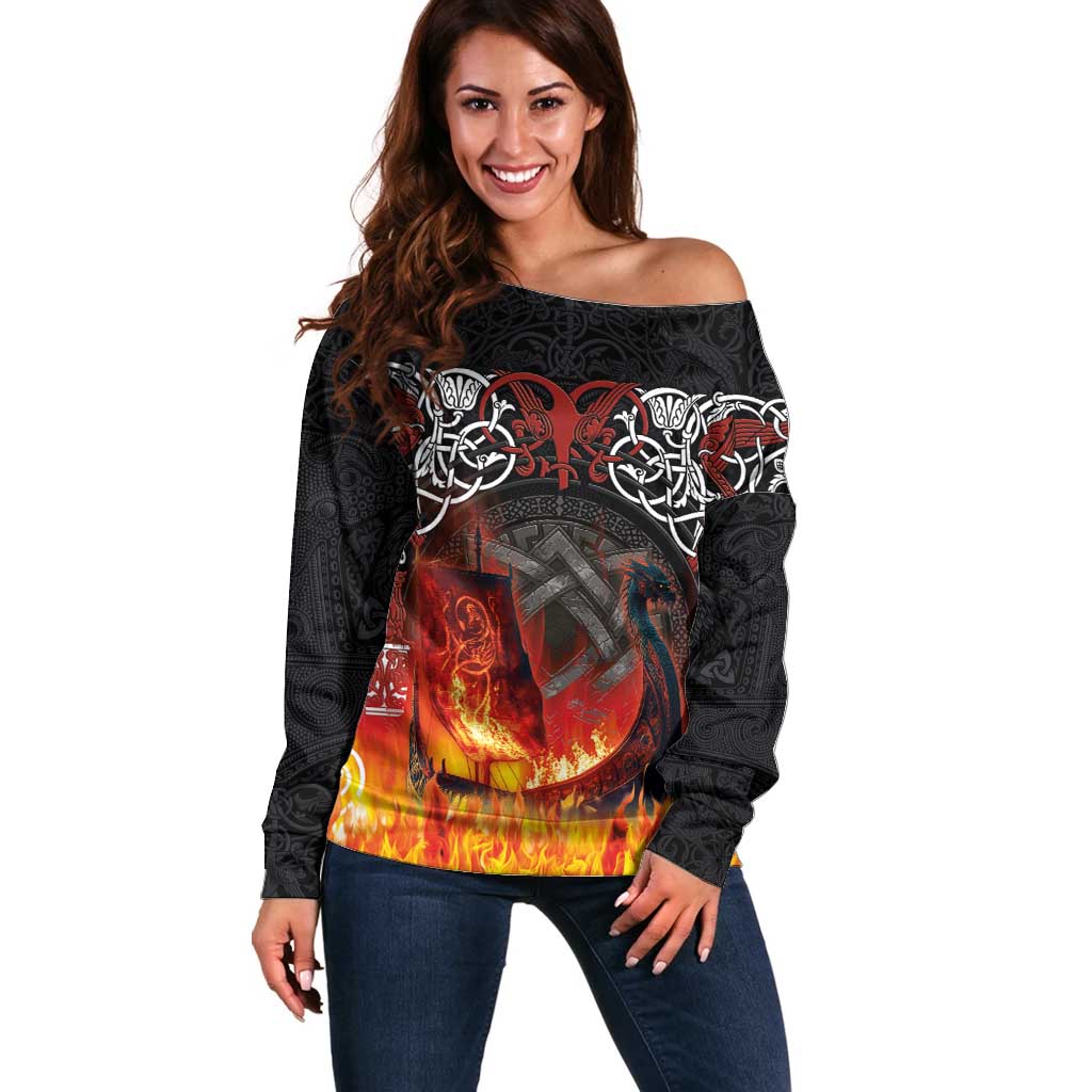 Scotland Up Helly Aa Off Shoulder Sweater Drakkar Viking Longship Burning The Return of The Light - Wonder Print Shop