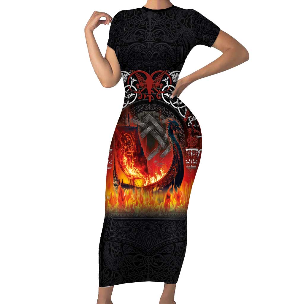 Scotland Up Helly Aa Short Sleeve Bodycon Dress Drakkar Viking Longship Burning The Return of The Light - Wonder Print Shop