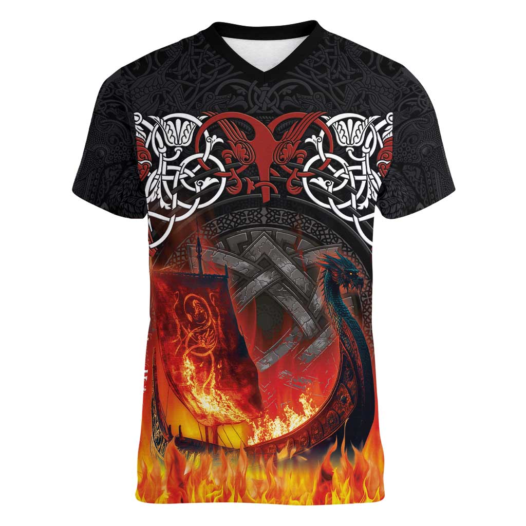 Scotland Up Helly Aa Women V-Neck T-Shirt Drakkar Viking Longship Burning The Return of The Light - Wonder Print Shop