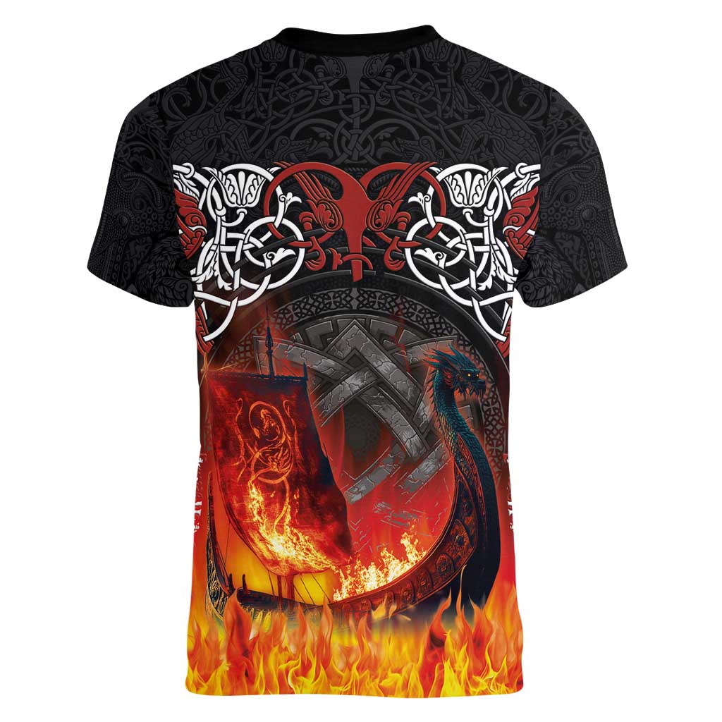 Scotland Up Helly Aa Women V-Neck T-Shirt Drakkar Viking Longship Burning The Return of The Light - Wonder Print Shop