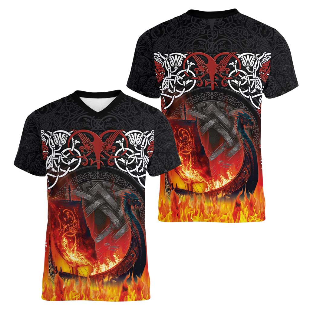 Scotland Up Helly Aa Women V-Neck T-Shirt Drakkar Viking Longship Burning The Return of The Light - Wonder Print Shop
