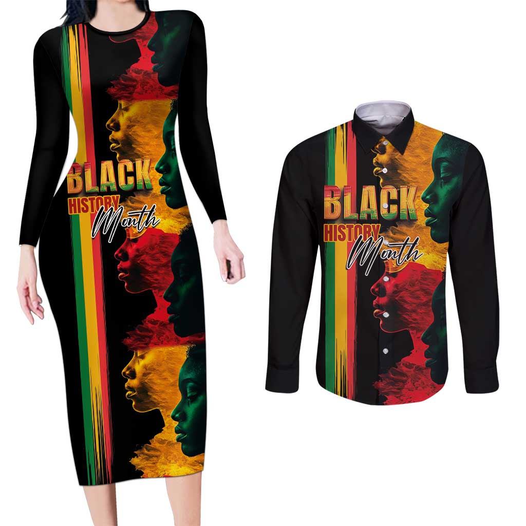 Black History Month Couples Matching Long Sleeve Bodycon Dress and Long Sleeve Button Shirt Black Soul - I'm Black Every Month - Wonder Print Shop