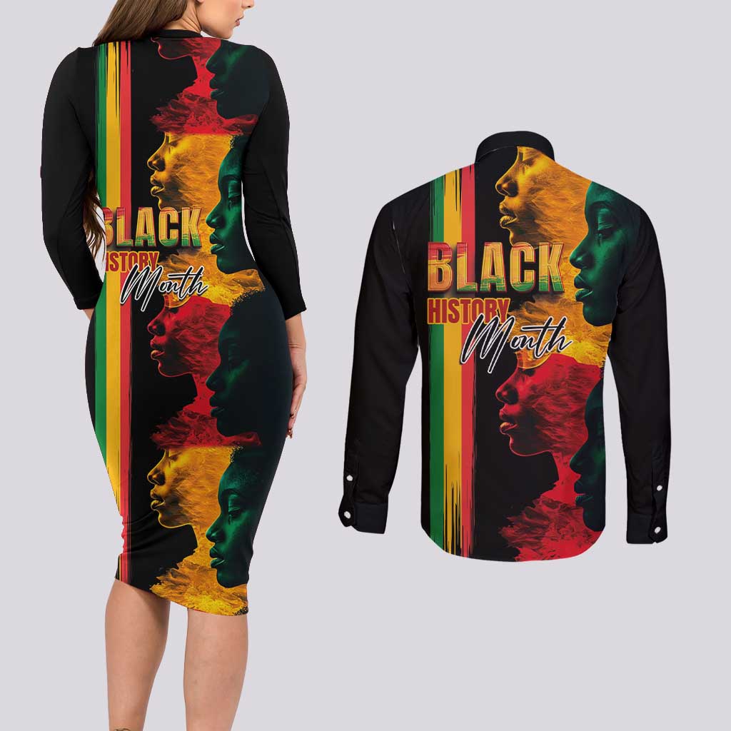 Black History Month Couples Matching Long Sleeve Bodycon Dress and Long Sleeve Button Shirt Black Soul - I'm Black Every Month - Wonder Print Shop