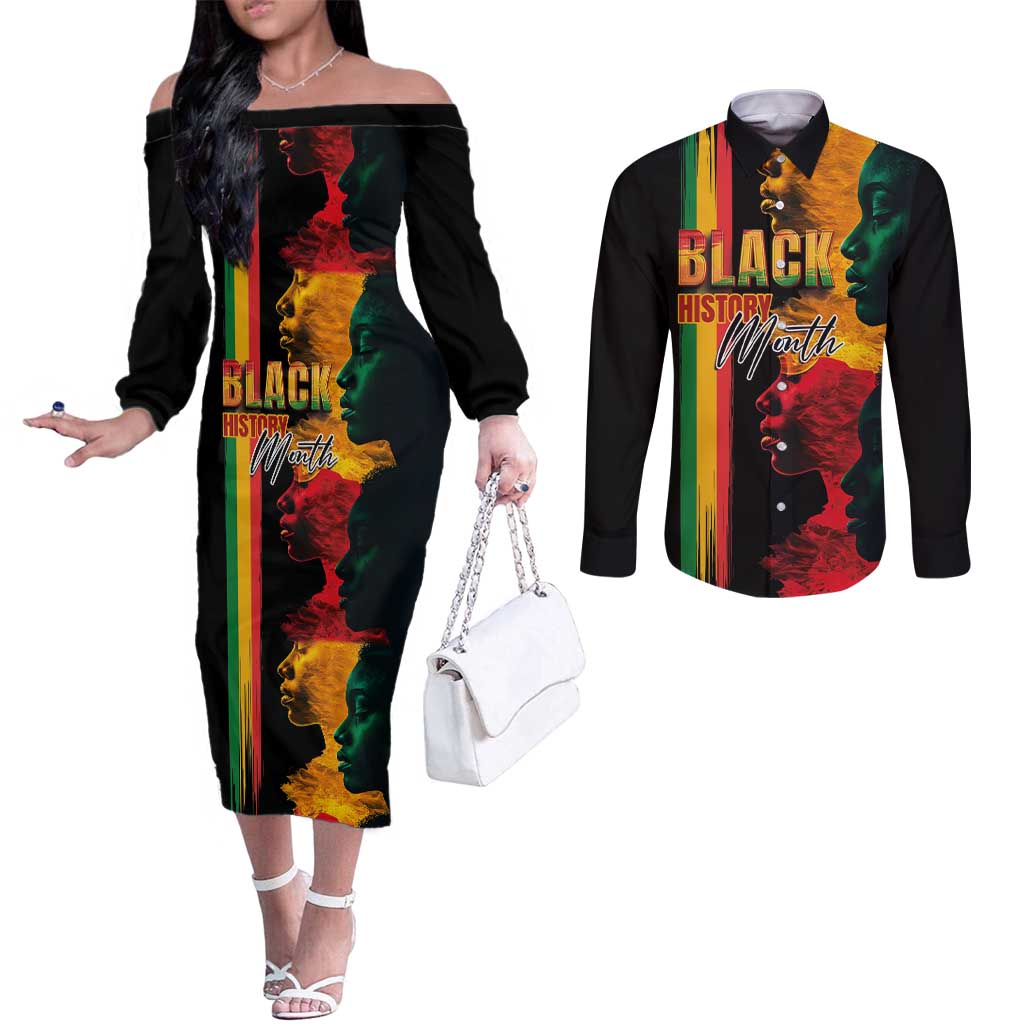 Black History Month Couples Matching Off The Shoulder Long Sleeve Dress and Long Sleeve Button Shirt Black Soul - I'm Black Every Month