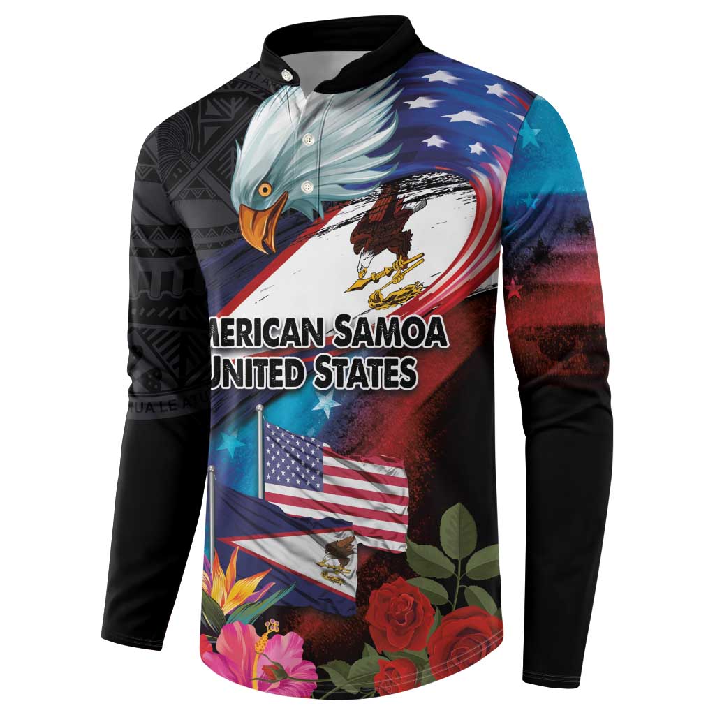 American Samoa and United States Together Button Sweatshirt National Flag with Eagle-Hibiscus and Rose
